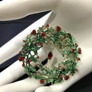Vintage 1950s Christmas Wreath Enamel Brooch, Red Green Metallic Enamel